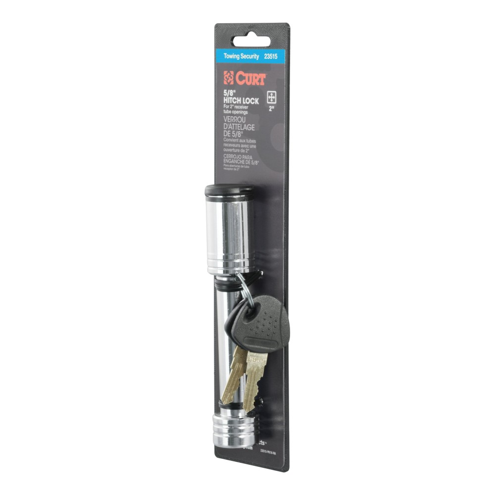 CURT Barbell Hitch Lock with Chrome-Plated Finish for 2 Inch Receivers CURT hitch lock with barbell design for 2 inch receiver, chrome finish and watertight dust cap
