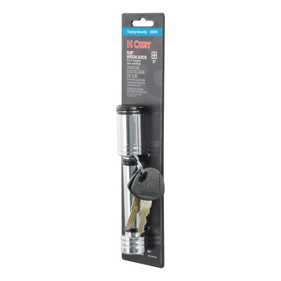 CURT Barbell Hitch Lock with Chrome-Plated Finish for 2 Inch Receivers CURT hitch lock with barbell design for 2 inch receiver, chrome finish and watertight dust cap