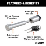 CURT Hitch Lock with 5/8 Inch Pin for 2 Inch Receiver Tube CURT hitch lock with stainless steel 5/8 inch pin for securing trailer