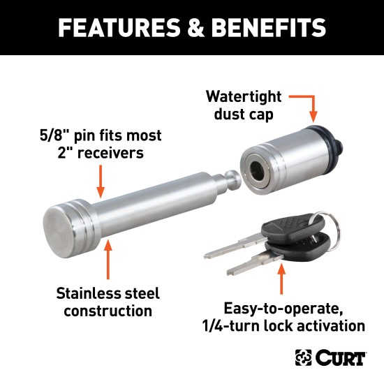CURT Hitch Lock with 5/8 Inch Pin for 2 Inch Receiver Tube CURT hitch lock with stainless steel 5/8 inch pin for securing trailer