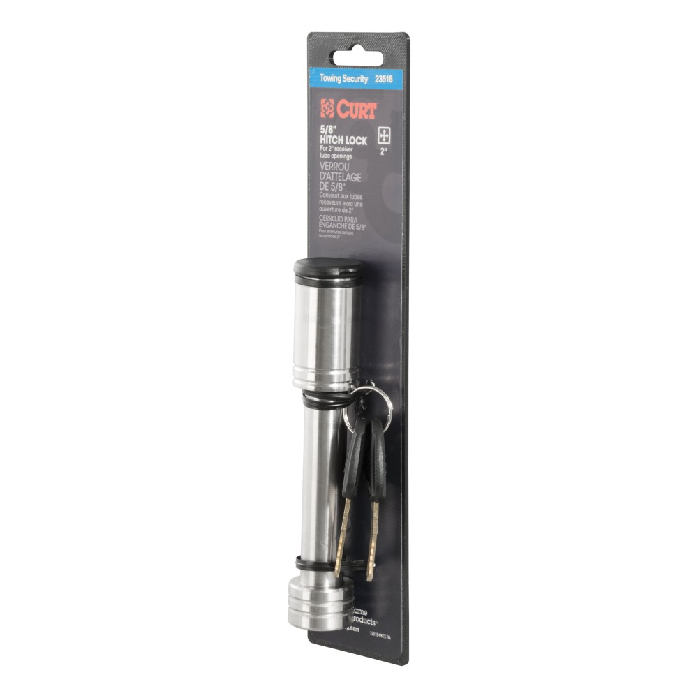CURT Hitch Lock with 5/8 Inch Pin for 2 Inch Receiver Tube CURT hitch lock with stainless steel 5/8 inch pin for securing trailer
