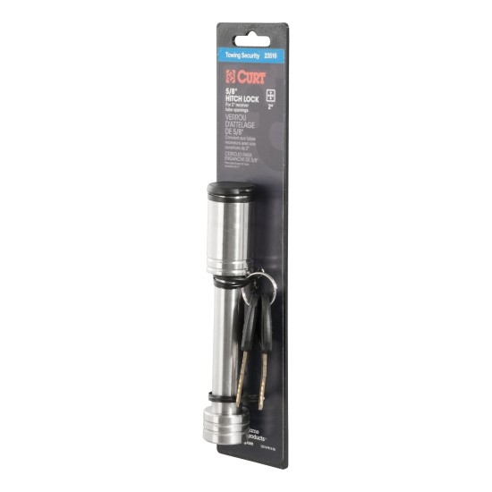 CURT Hitch Lock with 5/8 Inch Pin for 2 Inch Receiver Tube CURT hitch lock with stainless steel 5/8 inch pin for securing trailer