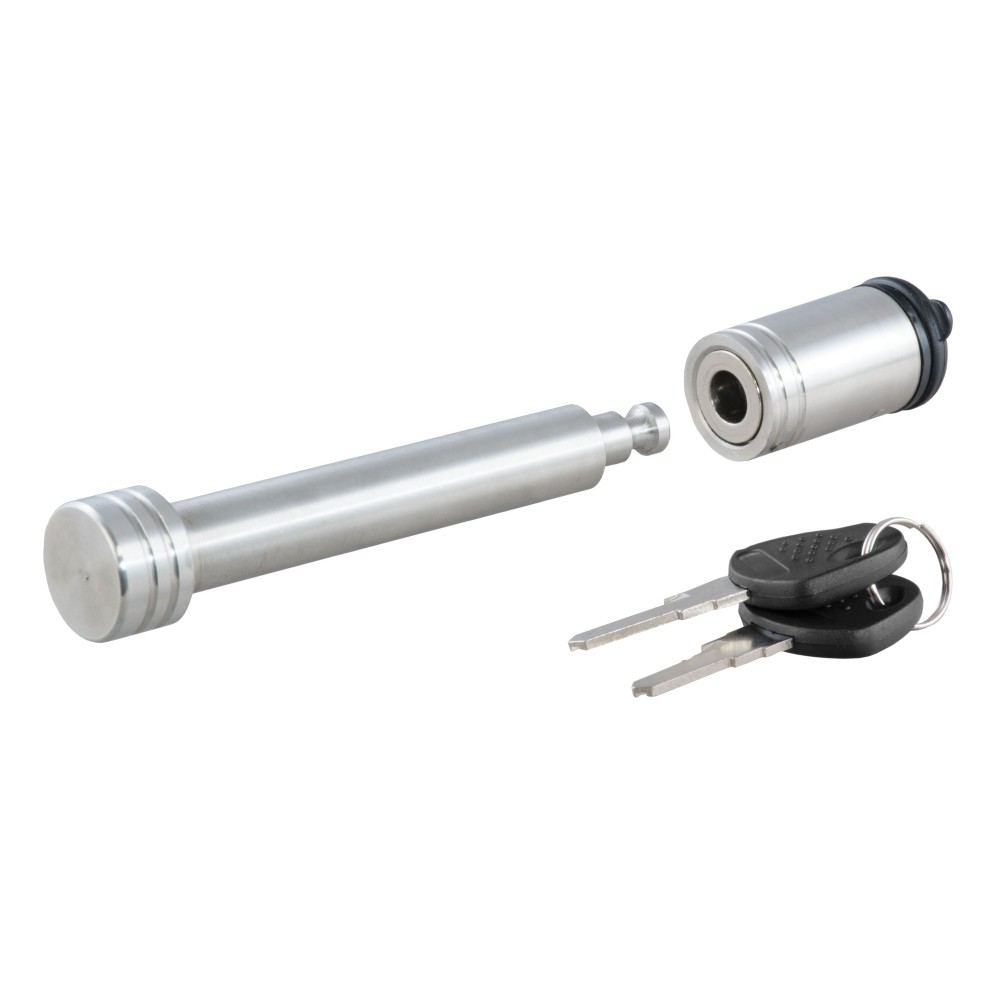 CURT Hitch Lock with 5/8 Inch Pin for 2 to 2-1/2 Inch Receivers CURT barbell hitch lock with key and barbell design for secure trailer attachment