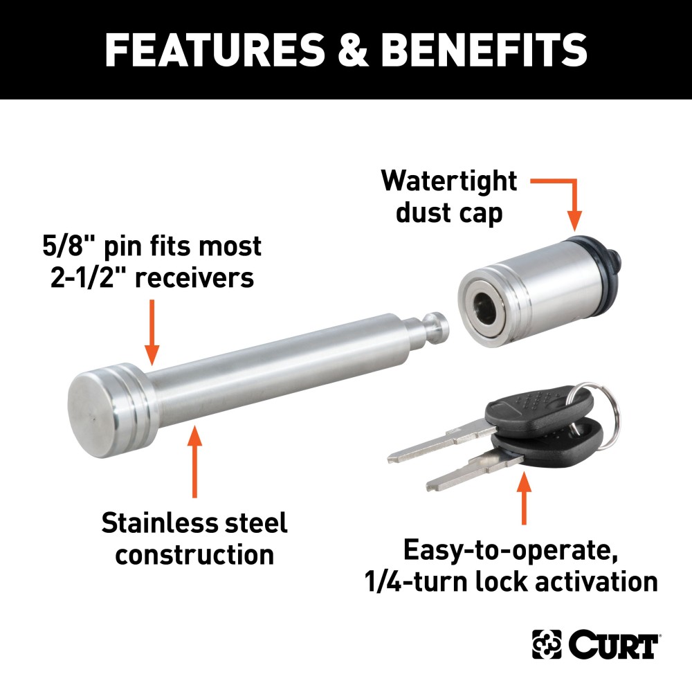 CURT Hitch Lock with 5/8 Inch Pin for 2 to 2-1/2 Inch Receivers CURT barbell hitch lock with key and barbell design for secure trailer attachment