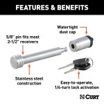 CURT Hitch Lock with 5/8 Inch Pin for 2 to 2-1/2 Inch Receivers CURT barbell hitch lock with key and barbell design for secure trailer attachment