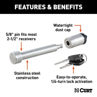 CURT Hitch Lock with 5/8 Inch Pin for 2 to 2-1/2 Inch Receivers CURT barbell hitch lock with key and barbell design for secure trailer attachment