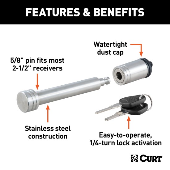 CURT Hitch Lock with 5/8 Inch Pin for 2 to 2-1/2 Inch Receivers CURT barbell hitch lock with key and barbell design for secure trailer attachment