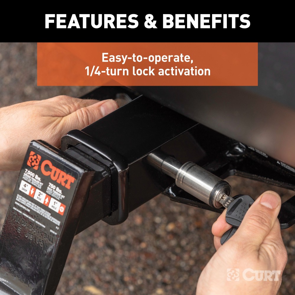 CURT Hitch Lock with 5/8 Inch Pin for 2 to 2-1/2 Inch Receivers CURT barbell hitch lock with key and barbell design for secure trailer attachment