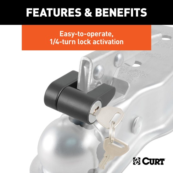 CURT Coupler Lock with Keyed Latch and Black Finish CURT coupler lock featuring a black finish and keyed latch mechanism for secure trailer attachment
