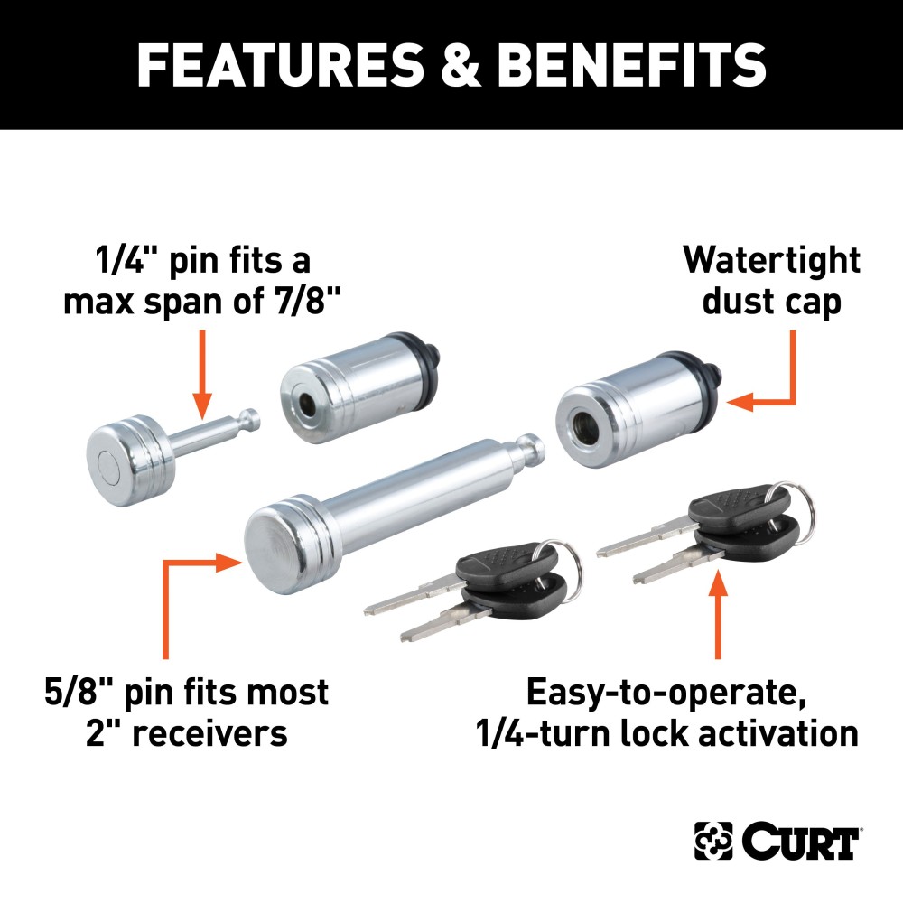 CURT Hitch Lock and Coupler Lock Combo for 2" Receiver CURT hitch lock and coupler lock with chrome finish for secure towing