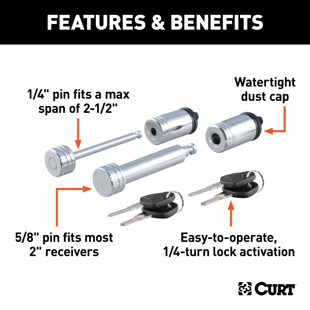 CURT Hitch and Coupler Lock Set with Chrome Finish CURT hitch lock and coupler lock set in chrome, preventing trailer theft