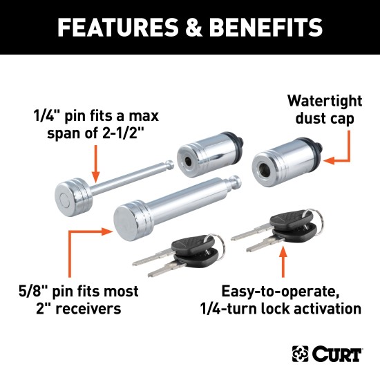 CURT Hitch and Coupler Lock Set with Chrome Finish CURT hitch lock and coupler lock set in chrome, preventing trailer theft