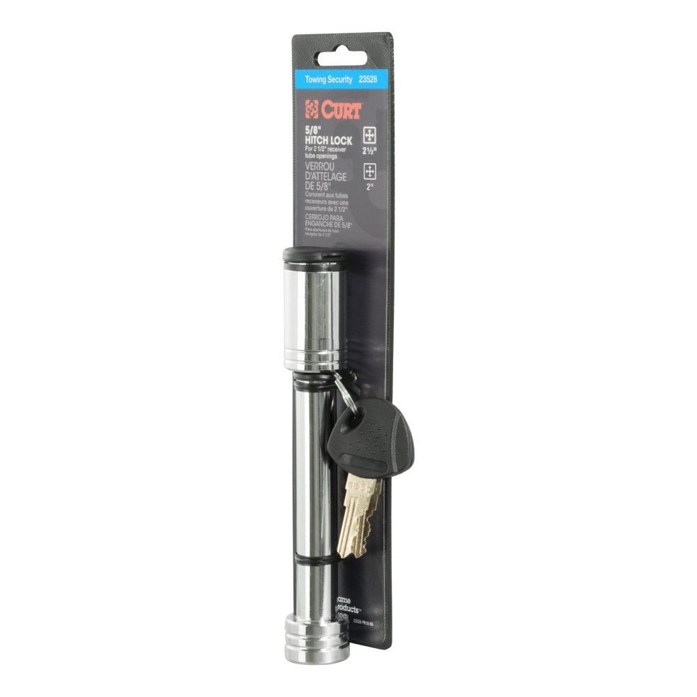 CURT Barbell Hitch Lock with Key - Fits 2 and 2-1/2 Inch Receivers CURT hitch lock with a chrome finish and barbell design, secured with a key