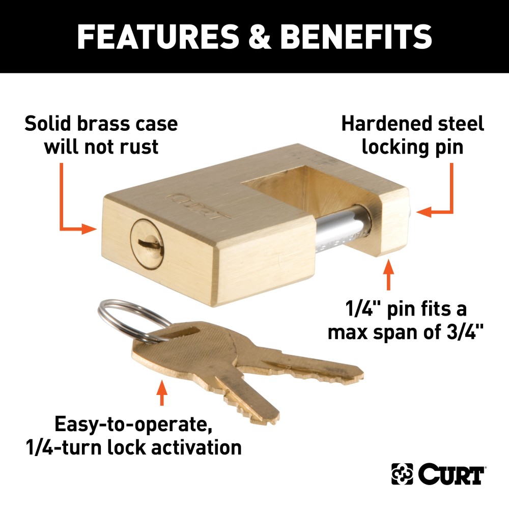 CURT Coupler Lock with Durable Brass Finish for Trailer Security CURT coupler lock with brass finish providing secure trailer lock