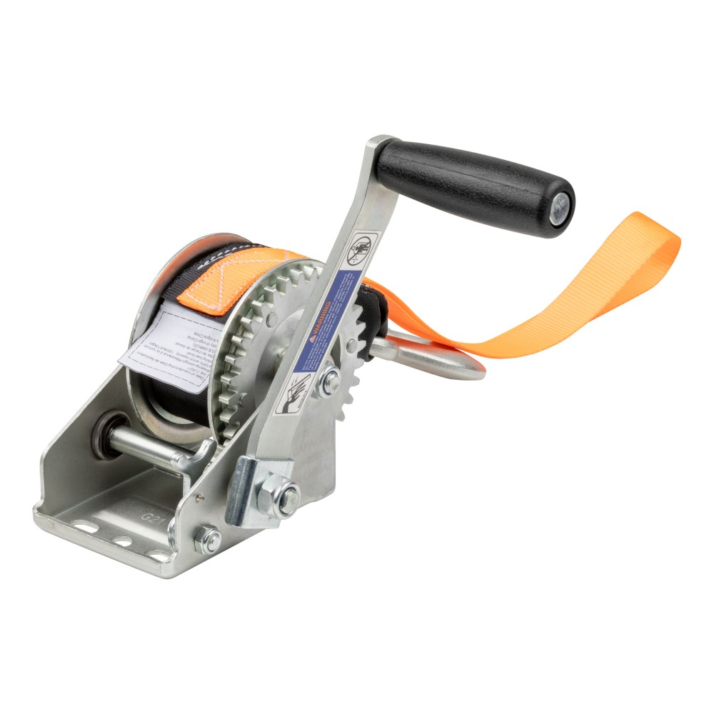 CURT Hand Winch with Strap and Zinc-Plated Snap Hook CURT hand winch with a 15-foot strap and snap hook for boat trailers