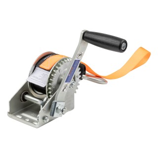 CURT Hand Winch with Strap and Zinc-Plated Snap Hook CURT hand winch with a 15-foot strap and snap hook for boat trailers