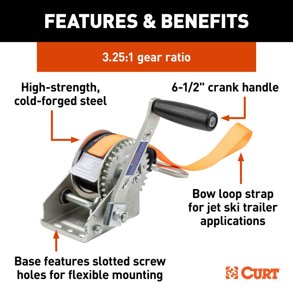 CURT Hand Winch with Strap and Zinc-Plated Snap Hook CURT hand winch with a 15-foot strap and snap hook for boat trailers