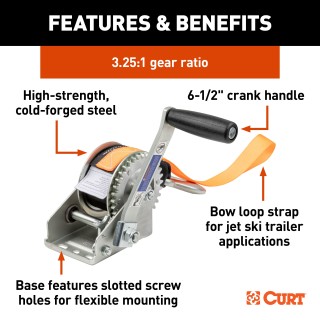 CURT Hand Winch with Strap and Zinc-Plated Snap Hook CURT hand winch with a 15-foot strap and snap hook for boat trailers