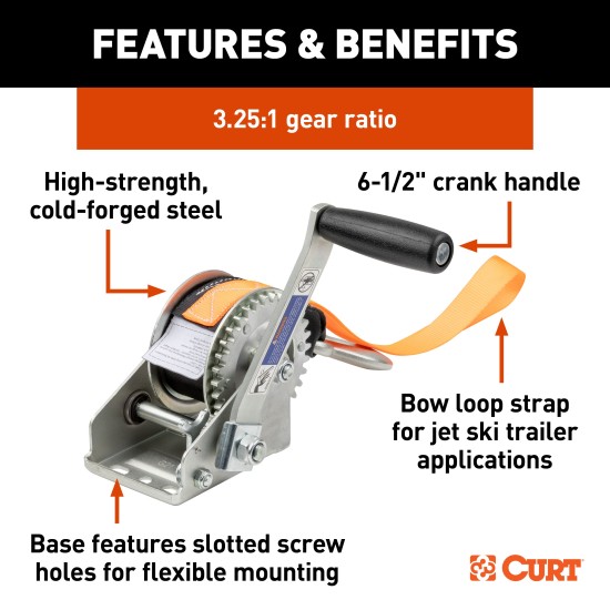CURT hand winch with a 15-foot strap and snap hook for boat trailers