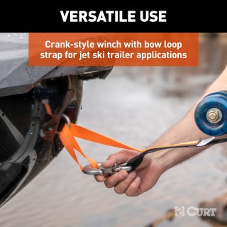 CURT Hand Winch with Strap and Zinc-Plated Snap Hook CURT hand winch with a 15-foot strap and snap hook for boat trailers