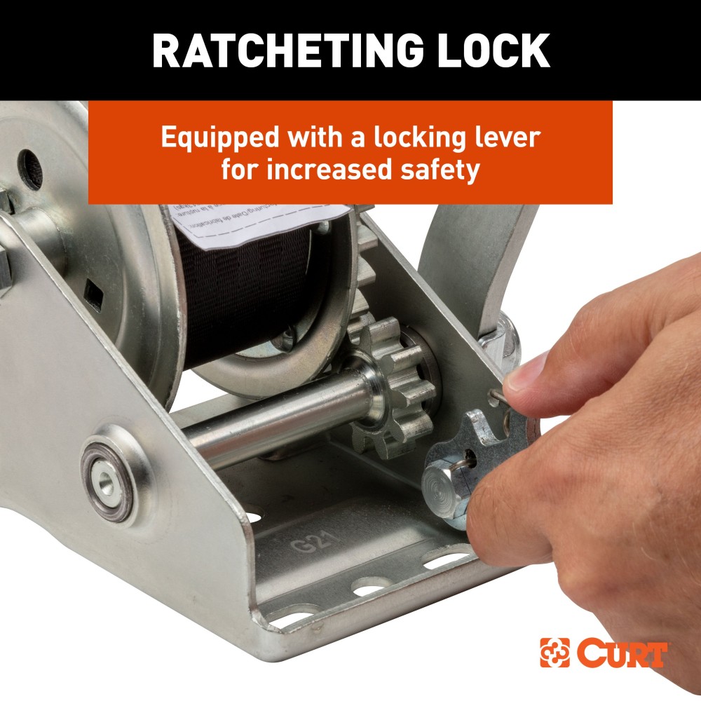 CURT Hand Winch with Strap and Zinc-Plated Snap Hook CURT hand winch with a 15-foot strap and snap hook for boat trailers
