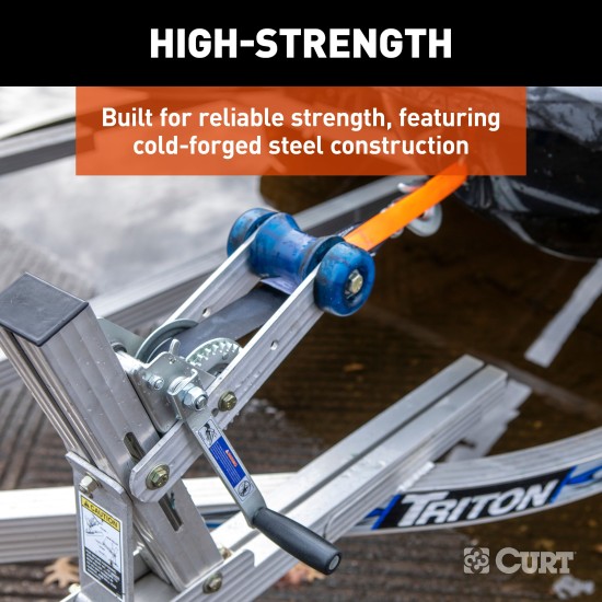CURT hand winch with a 15-foot strap and snap hook for boat trailers