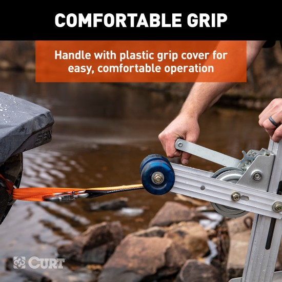 CURT hand winch with a 15-foot strap and snap hook for boat trailers