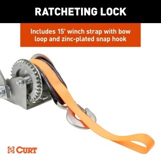 CURT Hand Winch with Strap and Zinc-Plated Snap Hook CURT hand winch with a 15-foot strap and snap hook for boat trailers