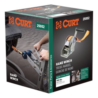 CURT Hand Winch with Strap and Zinc-Plated Snap Hook CURT hand winch with a 15-foot strap and snap hook for boat trailers