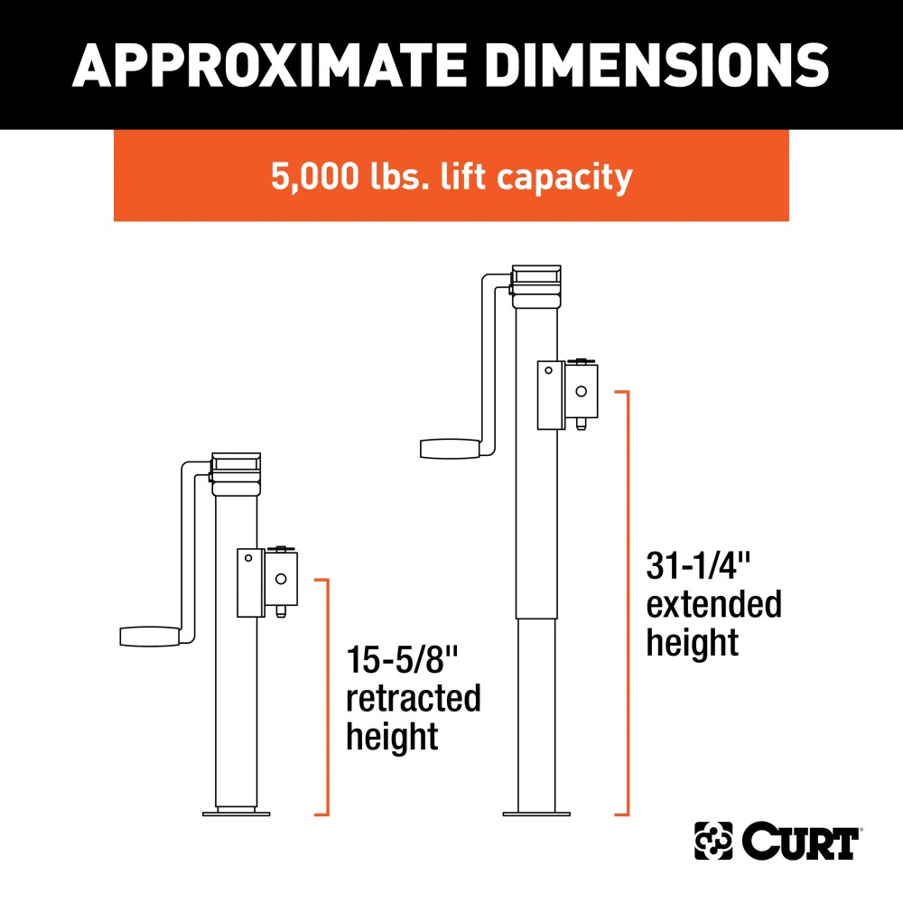CURT Pipe Mount Swivel Trailer Jack with 5,000 lbs Support Capacity CURT pipe mount swivel jack with 5,000 lbs support and 15 inch lift capacity