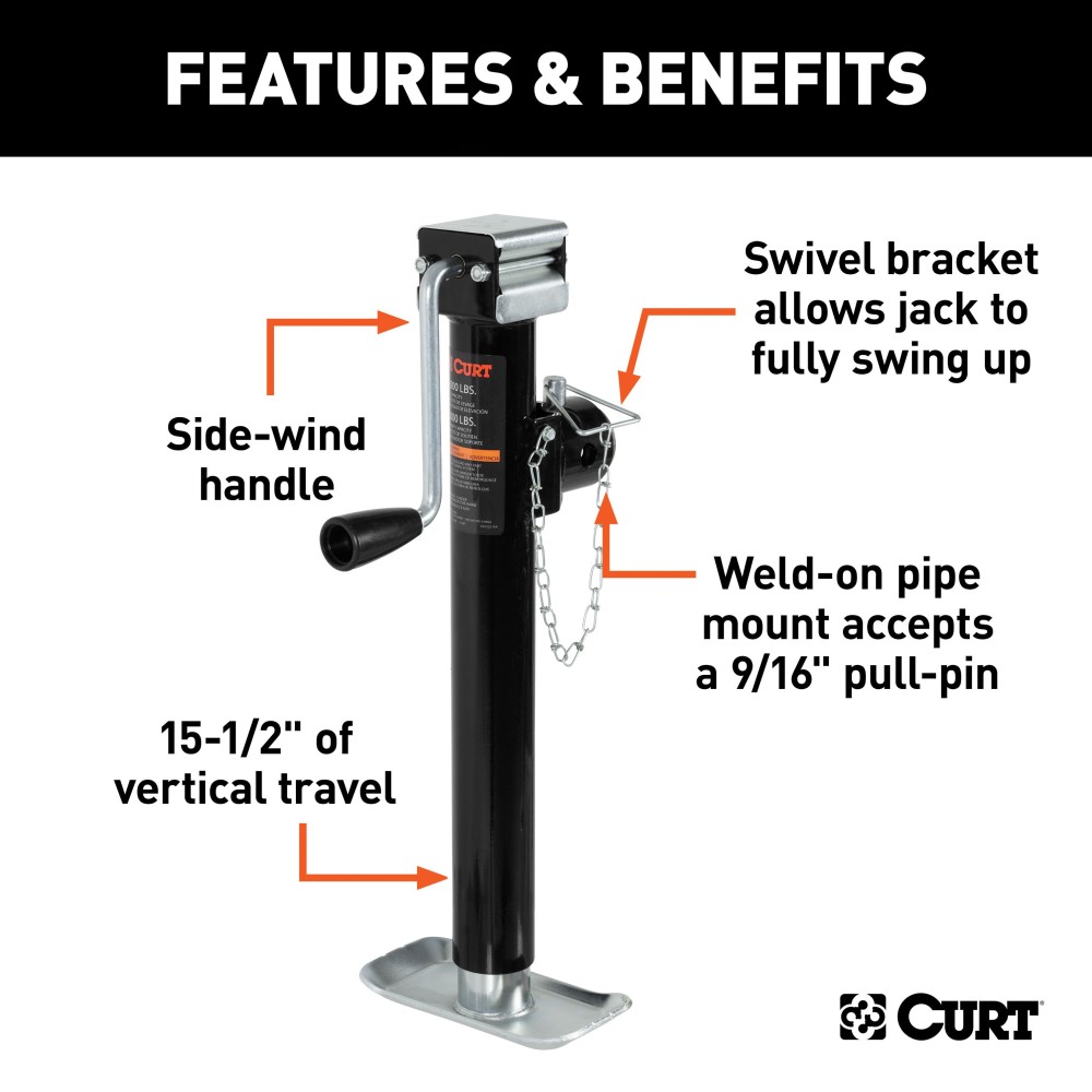 CURT Pipe Mount Swivel Trailer Jack with 5,000 lbs Support Capacity CURT pipe mount swivel jack with 5,000 lbs support and 15 inch lift capacity