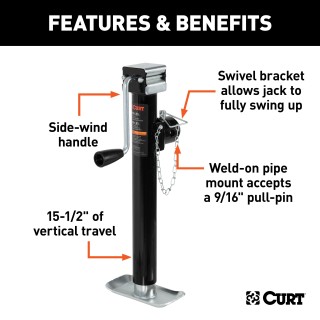 CURT Pipe Mount Swivel Trailer Jack with 5,000 lbs Support Capacity CURT pipe mount swivel jack with 5,000 lbs support and 15 inch lift capacity