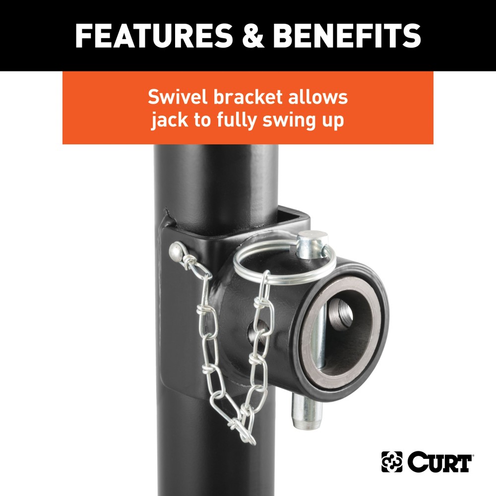 CURT Pipe Mount Swivel Trailer Jack with 5,000 lbs Support Capacity CURT pipe mount swivel jack with 5,000 lbs support and 15 inch lift capacity