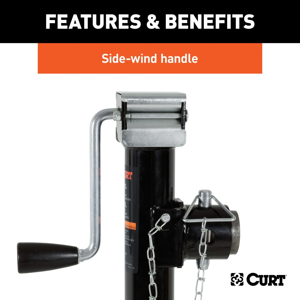 CURT Pipe Mount Swivel Trailer Jack with 5,000 lbs Support Capacity CURT pipe mount swivel jack with 5,000 lbs support and 15 inch lift capacity