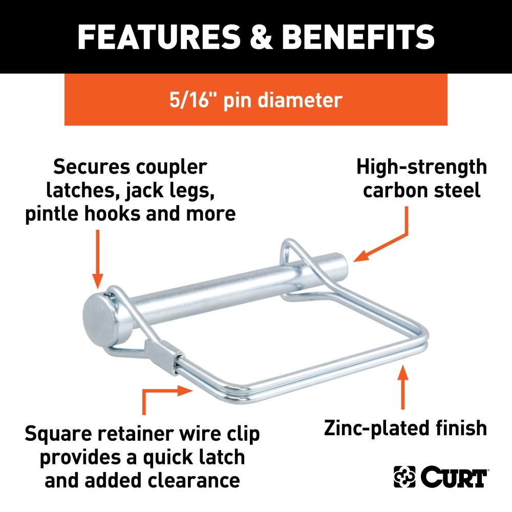 CURT Safety Pins for Trailer Couplers with Zinc Plating CURT safety pin with 5/16 inch diameter and zinc-plated finish for trailer couplers