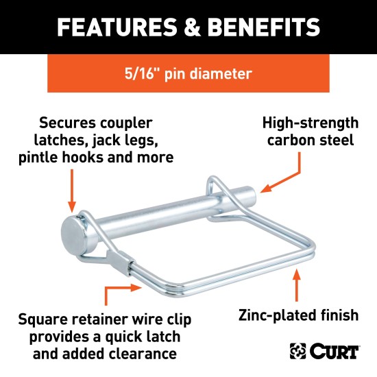 CURT Safety Pins for Trailer Couplers with Zinc Plating CURT safety pin with 5/16 inch diameter and zinc-plated finish for trailer couplers