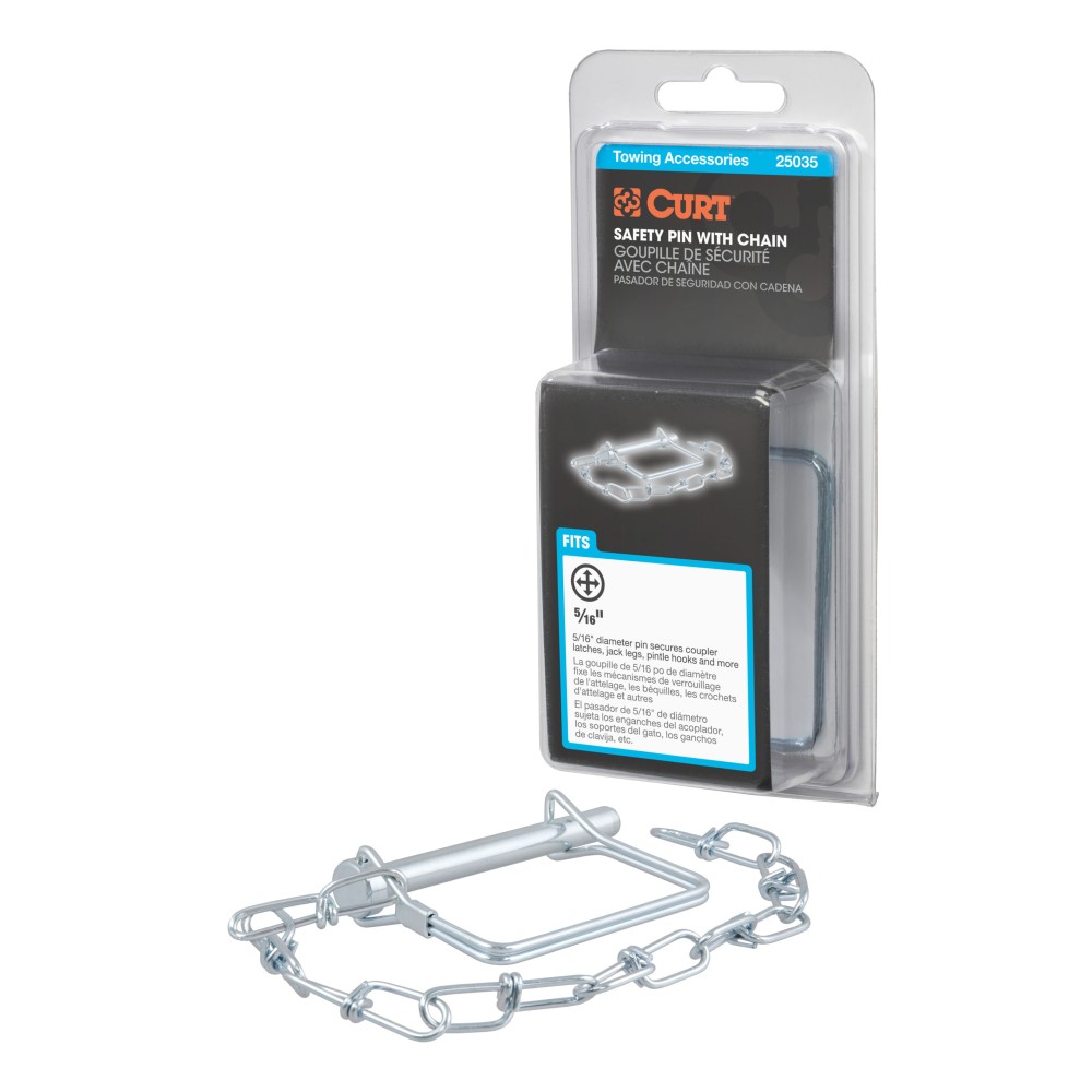 CURT Safety Pin with 5/16" Diameter and Zinc Plating CURT safety pin featuring a 5/16 inch diameter, zinc plating, 12-inch chain, and snapper pin design for secure towing.