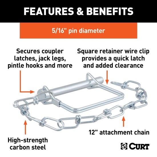 CURT Safety Pin with 5/16" Diameter and Zinc Plating CURT safety pin featuring a 5/16 inch diameter, zinc plating, 12-inch chain, and snapper pin design for secure towing.