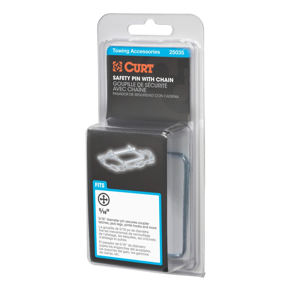 CURT Safety Pin with 5/16" Diameter and Zinc Plating CURT safety pin featuring a 5/16 inch diameter, zinc plating, 12-inch chain, and snapper pin design for secure towing.