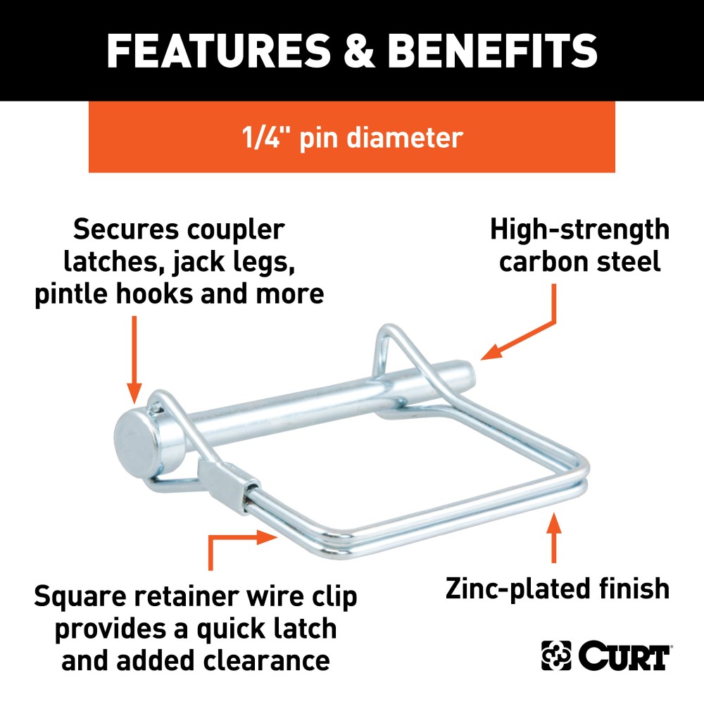CURT Safety Pin with Durable Zinc Plating for Trailer Security CURT safety pin with 1/4 inch diameter and zinc-plated finish
