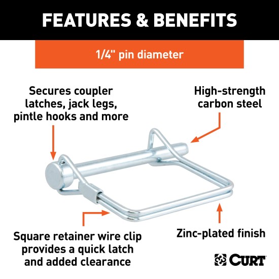 CURT Safety Pin with Durable Zinc Plating for Trailer Security CURT safety pin with 1/4 inch diameter and zinc-plated finish