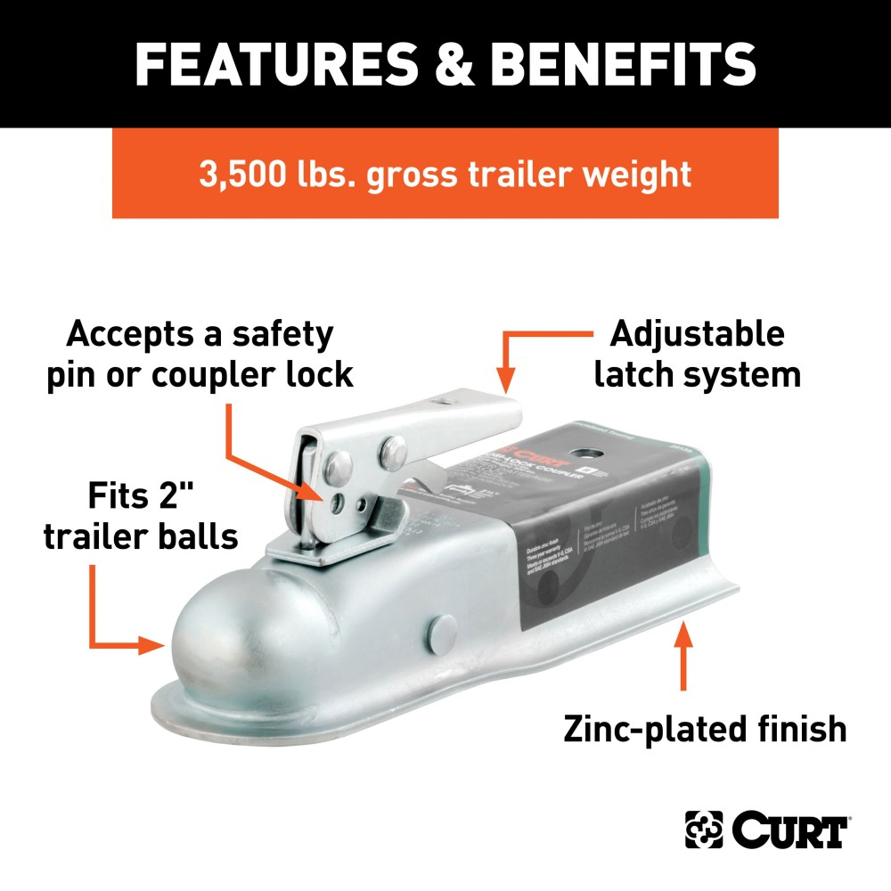 CURT Posi-Lock Straight-Tongue Trailer Coupler - 2" Ball Fit CURT straight-tongue coupler with Posi-Lock latch, 2" ball fit, 3,500 lbs capacity, zinc finish