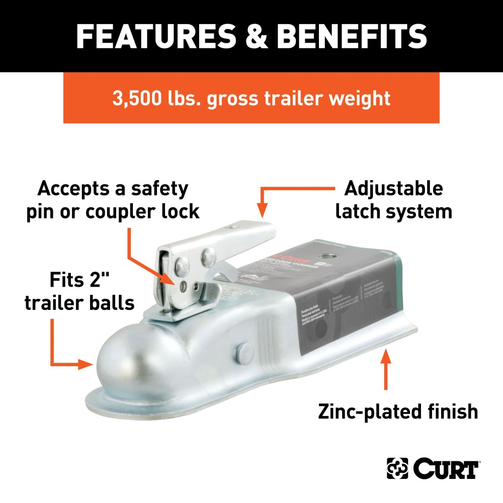 CURT Posi-Lock Straight-Tongue Trailer Coupler CURT straight-tongue coupler with Posi-Lock latch, zinc finish, 3-inch channel, and 2-inch trailer ball fitting