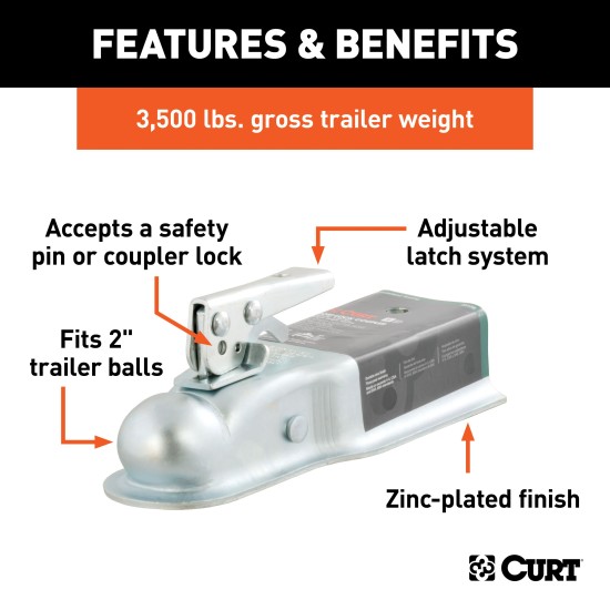 CURT Posi-Lock Straight-Tongue Trailer Coupler CURT straight-tongue coupler with Posi-Lock latch, zinc finish, 3-inch channel, and 2-inch trailer ball fitting