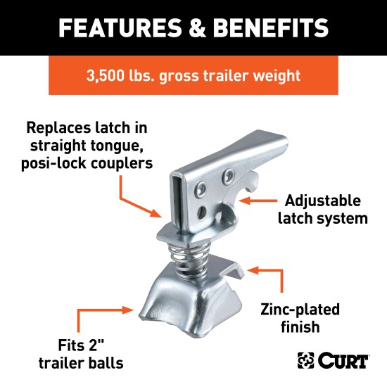 CURT Posi-Lock Replacement Latch for 2 Inch Trailer Balls CURT Posi-Lock latch for secure towing with 2 inch trailer balls and adjustable design for varying channel widths.