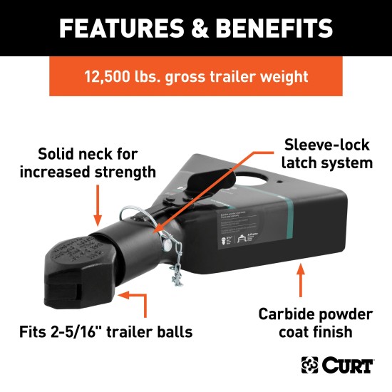 CURT 12,500 lbs A-frame Coupler with Sleeve-lock Latch CURT A-frame trailer coupler with sleeve-lock latch, carbide black finish.