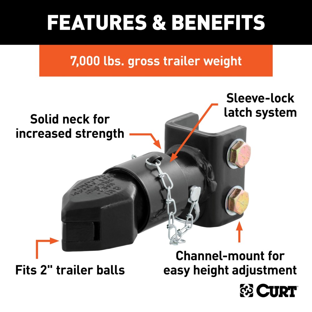CURT adjustable channel coupler with sleeve-lock latch and durable black finish.
