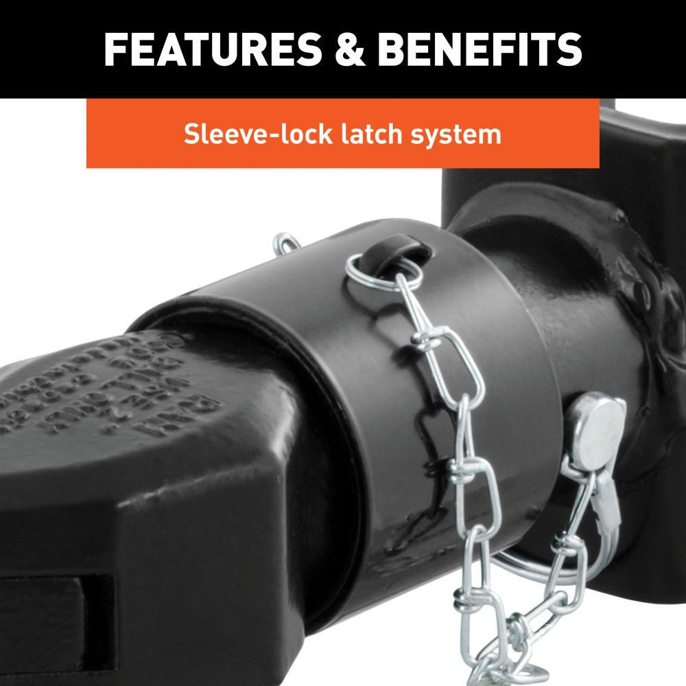 CURT adjustable channel coupler with sleeve-lock latch and durable black finish.