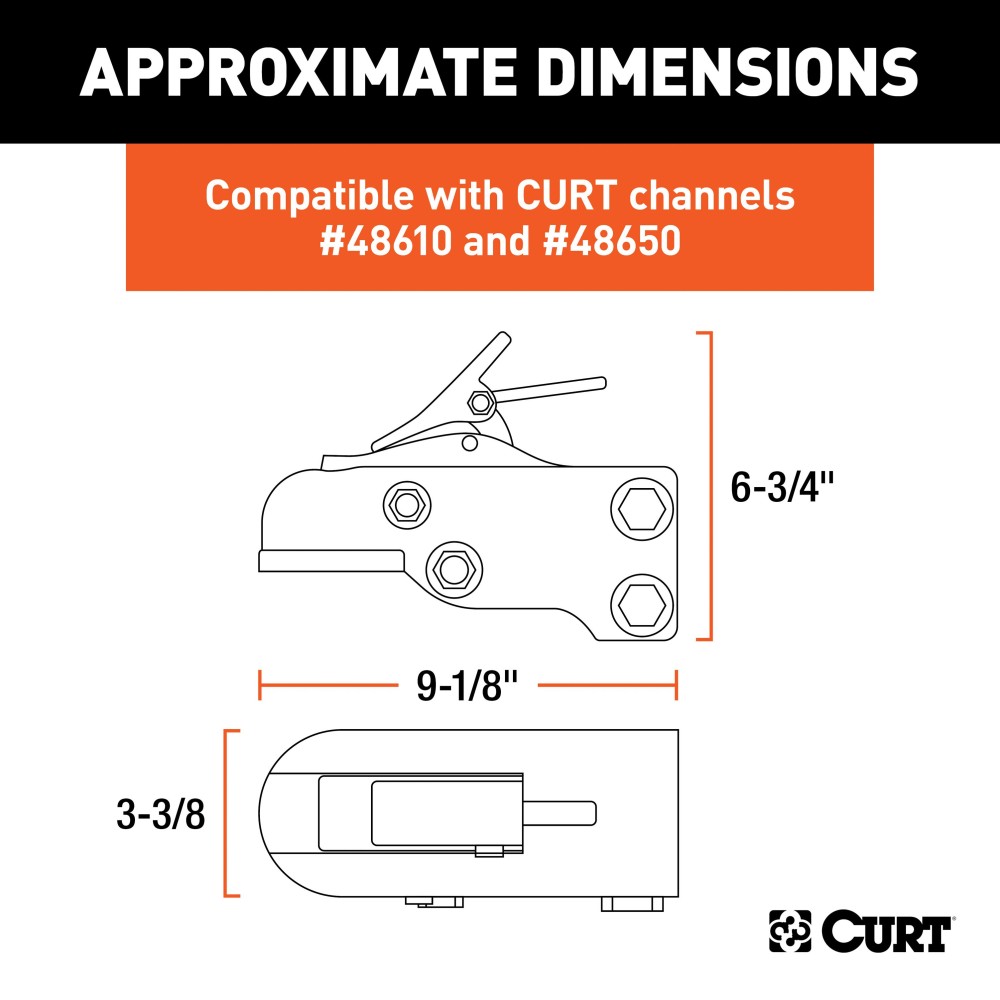 CURT Adjustable Channel Coupler with Lockable Latch CURT adjustable channel coupler with durable black powder coat finish and safety features