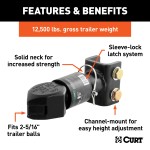 CURT Adjustable Channel Coupler - 12,000 lbs Capacity, Sleeve-Lock CURT adjustable channel coupler with sleeve-lock latch and black powder coat finish for secure towing.